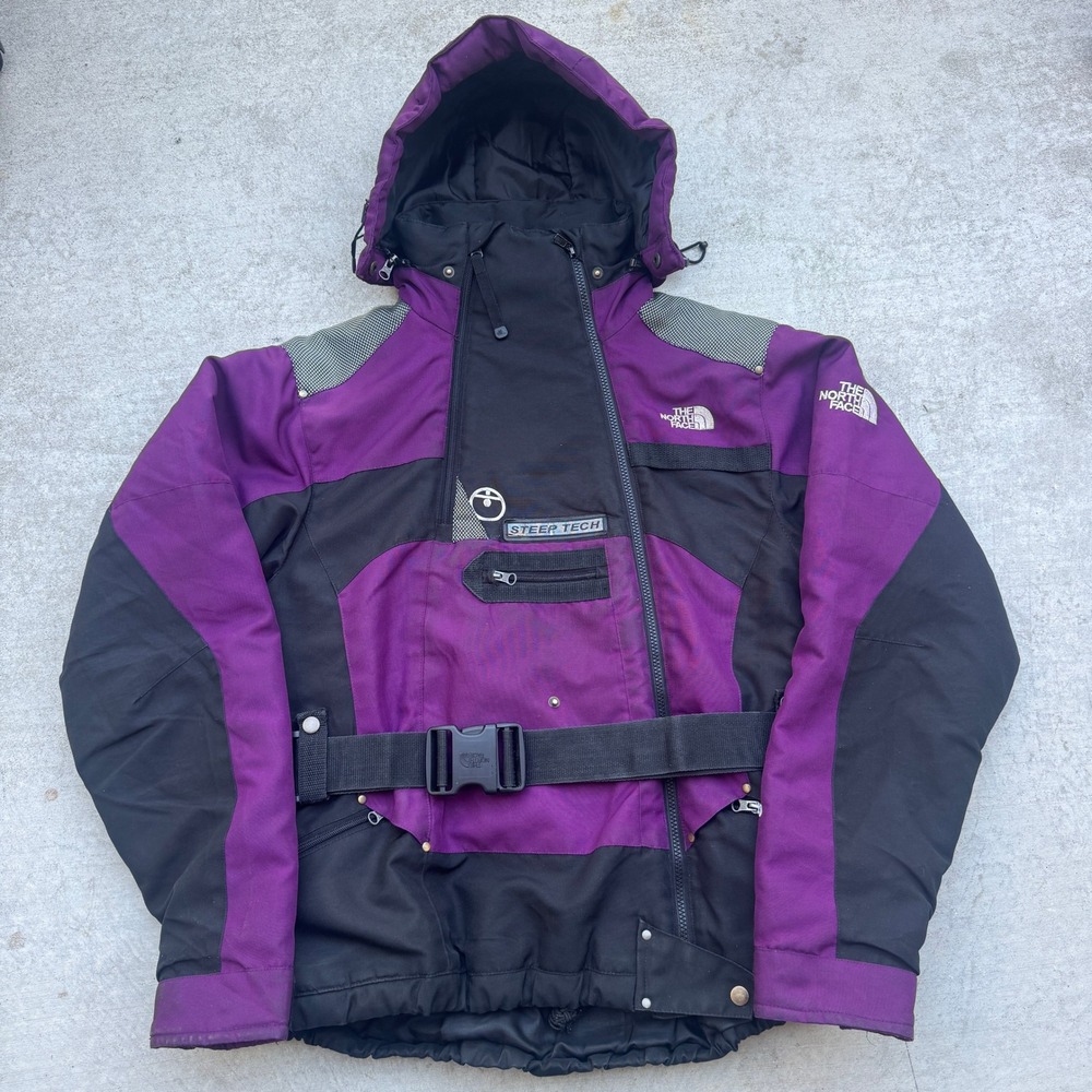 The North Face Steep Tech 550 Down Jacket Womens XL Purple Black Belted Parka